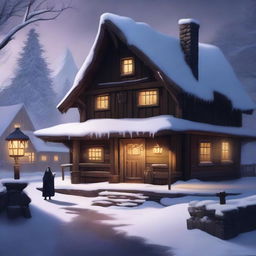 A high-quality digital art image portrays a dark, fantasy-inspired, rustic tavern situated in a winter village landscape