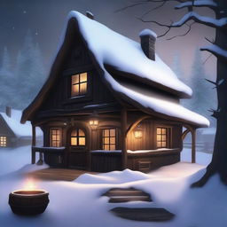 A high-quality digital art image portrays a dark, fantasy-inspired, rustic tavern situated in a winter village landscape