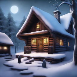 A high-quality digital art image portrays a dark, fantasy-inspired, rustic tavern situated in a winter village landscape