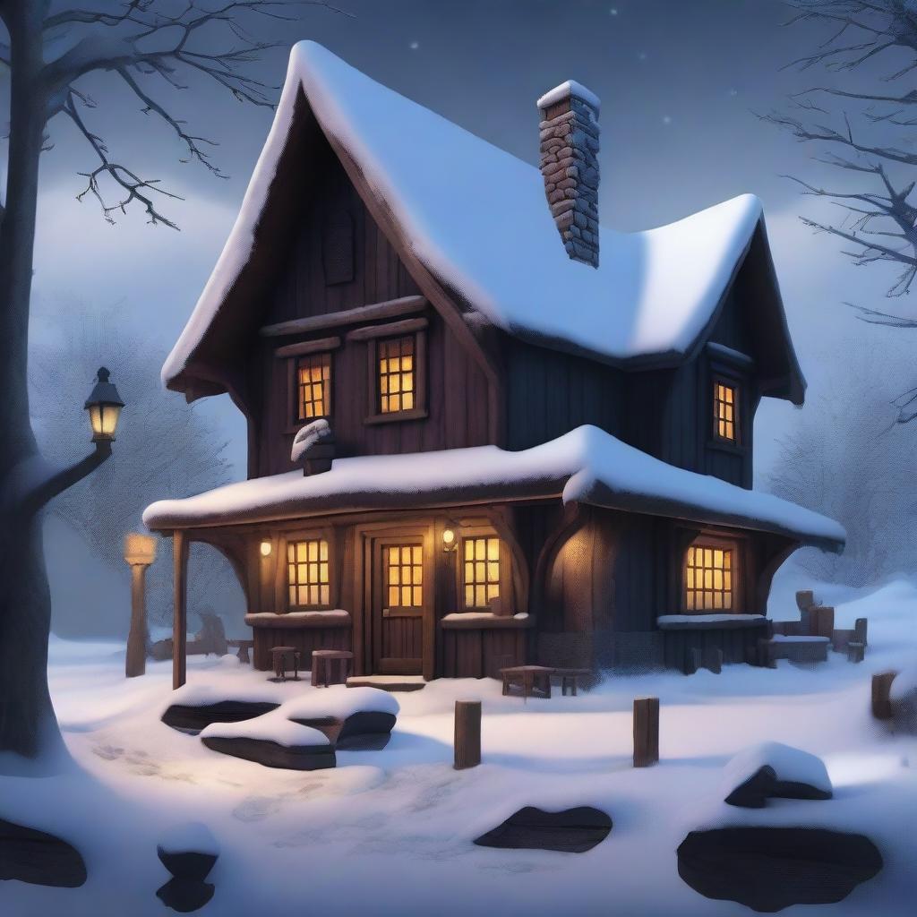 A high-quality digital art image portrays a dark, fantasy-inspired, rustic tavern situated in a winter village landscape