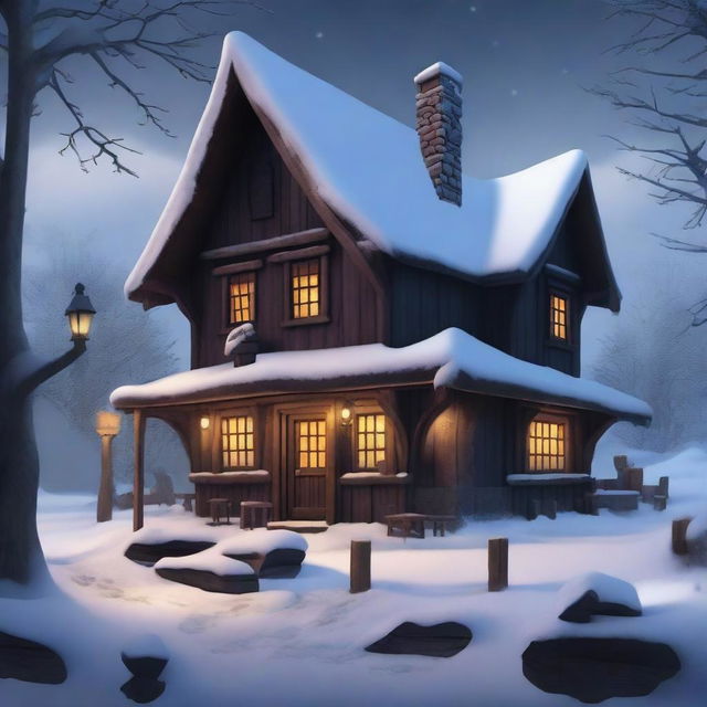 A high-quality digital art image portrays a dark, fantasy-inspired, rustic tavern situated in a winter village landscape