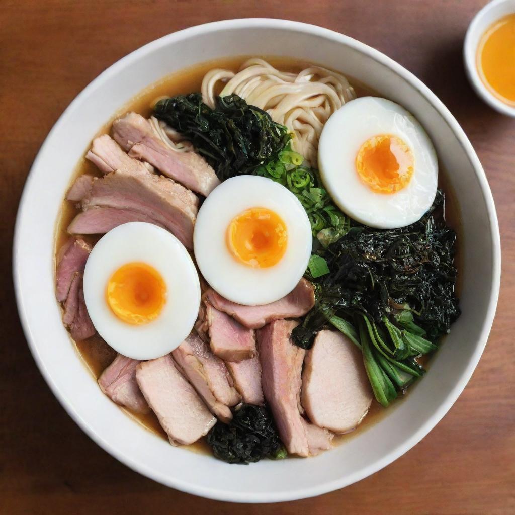 A steaming bowl of ramen noodles with vibrant toppings such as sliced pork, scallions, a soft-boiled egg, and seaweed set on a wooden table.