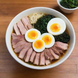 A steaming bowl of ramen noodles with vibrant toppings such as sliced pork, scallions, a soft-boiled egg, and seaweed set on a wooden table.