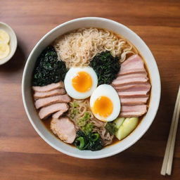 A steaming bowl of ramen noodles with vibrant toppings such as sliced pork, scallions, a soft-boiled egg, and seaweed set on a wooden table.