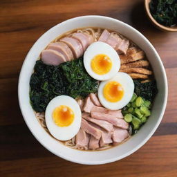 A steaming bowl of ramen noodles with vibrant toppings such as sliced pork, scallions, a soft-boiled egg, and seaweed set on a wooden table.