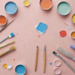 A montage composed of various artistic and craft materials such as paint brushes, pastels, watercolors, scissors, glue, and pieces of colorful paper.