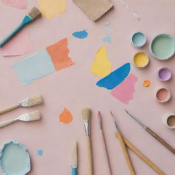 A montage composed of various artistic and craft materials such as paint brushes, pastels, watercolors, scissors, glue, and pieces of colorful paper.