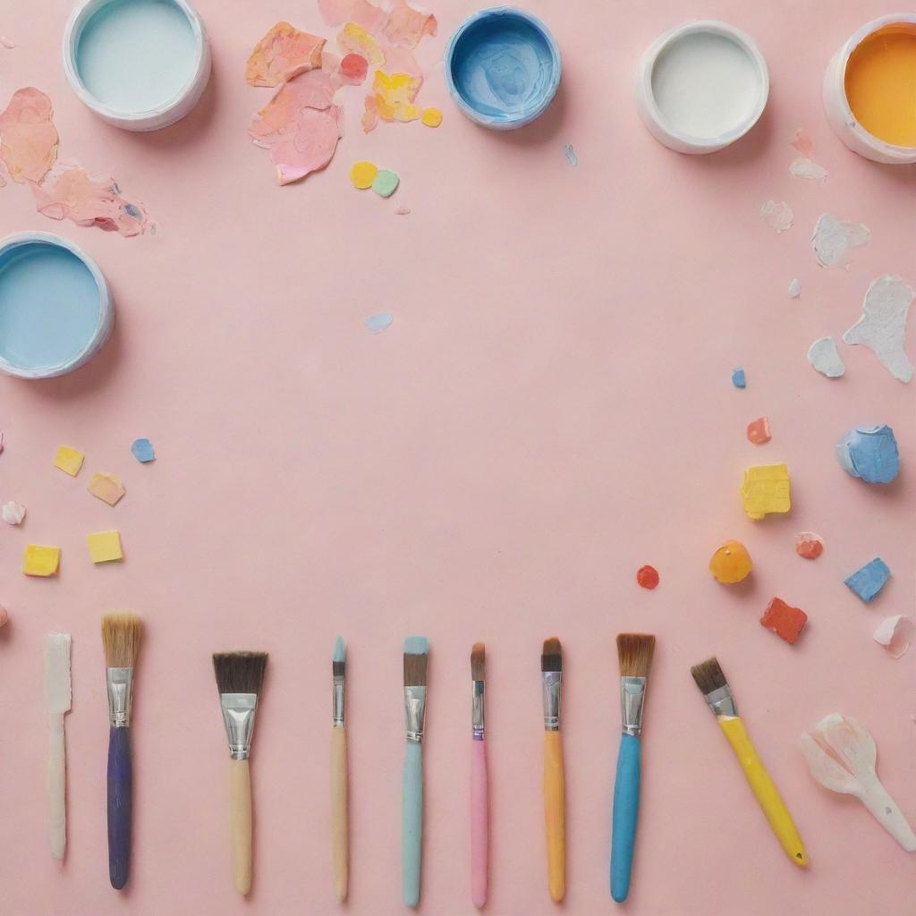 A montage composed of various artistic and craft materials such as paint brushes, pastels, watercolors, scissors, glue, and pieces of colorful paper.