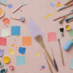 A montage composed of various artistic and craft materials such as paint brushes, pastels, watercolors, scissors, glue, and pieces of colorful paper.