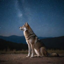 a lone wolf under a starry night sky