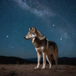 a lone wolf under a starry night sky