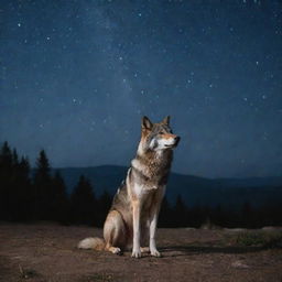 a lone wolf under a starry night sky