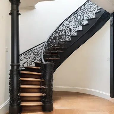 The staircase design featured intricate iron railings that seemed to intertwine with each other.