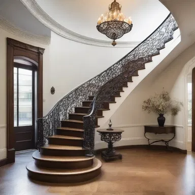The staircase design featured intricate iron railings that seemed to intertwine with each other.