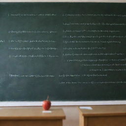 Chalk-written electronic formulas covering a blackboard in a well-lit classroom