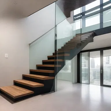 The staircase in the modern building beautifully intertwines with the overall design of the interior.