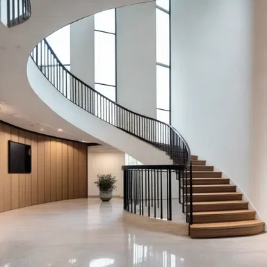 The staircase in the modern building beautifully intertwines with the overall design of the interior.