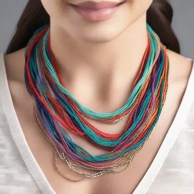 The latest trend in jewelry is to wear necklaces that intertwine different colored strings, creating a unique and stylish look.