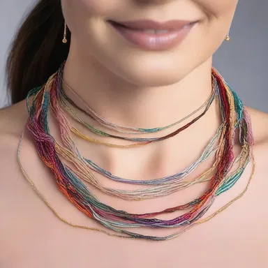 The latest trend in jewelry is to wear necklaces that intertwine different colored strings, creating a unique and stylish look.