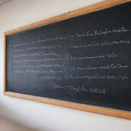 Chalk-written electronic formulas covering a blackboard in a well-lit classroom