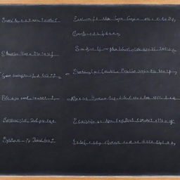 Complex electronic formulas written with white chalk on a traditional blackboard in an academic setting.