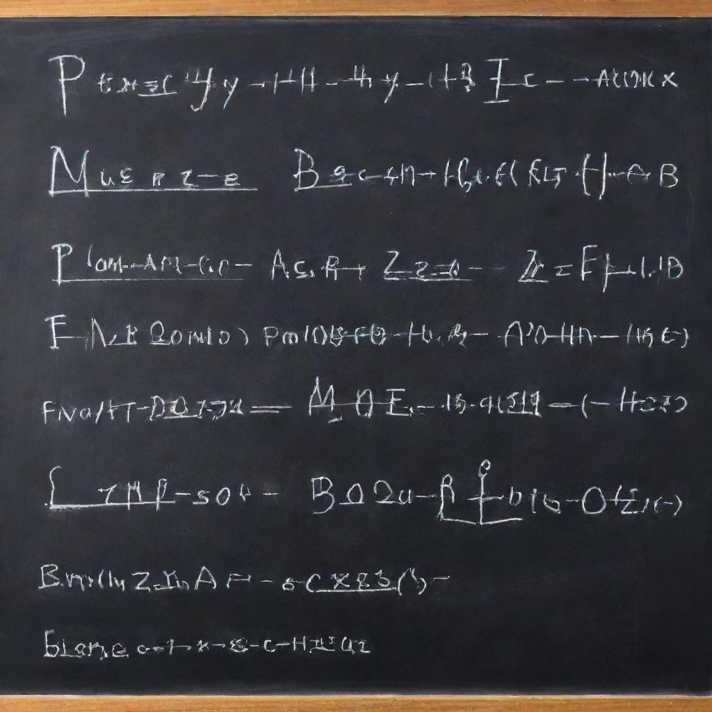 Complex electronic formulas written with white chalk on a traditional blackboard in an academic setting.