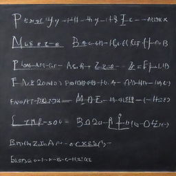 Complex electronic formulas written with white chalk on a traditional blackboard in an academic setting.