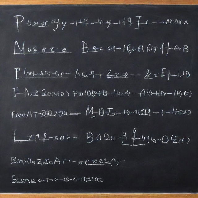 Complex electronic formulas written with white chalk on a traditional blackboard in an academic setting.