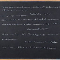 Complex electronic formulas written with white chalk on a traditional blackboard in an academic setting.