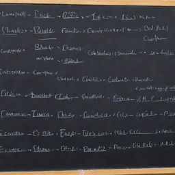 Complex electronic formulas written with white chalk on a traditional blackboard in an academic setting.