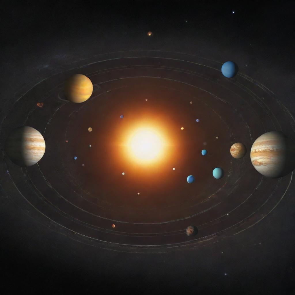 An expansive view of the solar system with nine planets revolving around a bright, radiant sun. Each planet is distinctly colored and detailed, showing their unique characteristics.