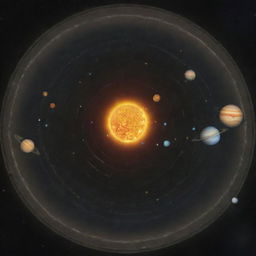 An expansive view of the solar system with nine planets revolving around a bright, radiant sun. Each planet is distinctly colored and detailed, showing their unique characteristics.