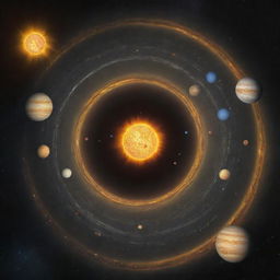 An expansive view of the solar system with nine planets revolving around a bright, radiant sun. Each planet is distinctly colored and detailed, showing their unique characteristics.