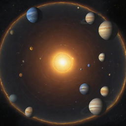 An expansive view of the solar system with nine planets revolving around a bright, radiant sun. Each planet is distinctly colored and detailed, showing their unique characteristics.