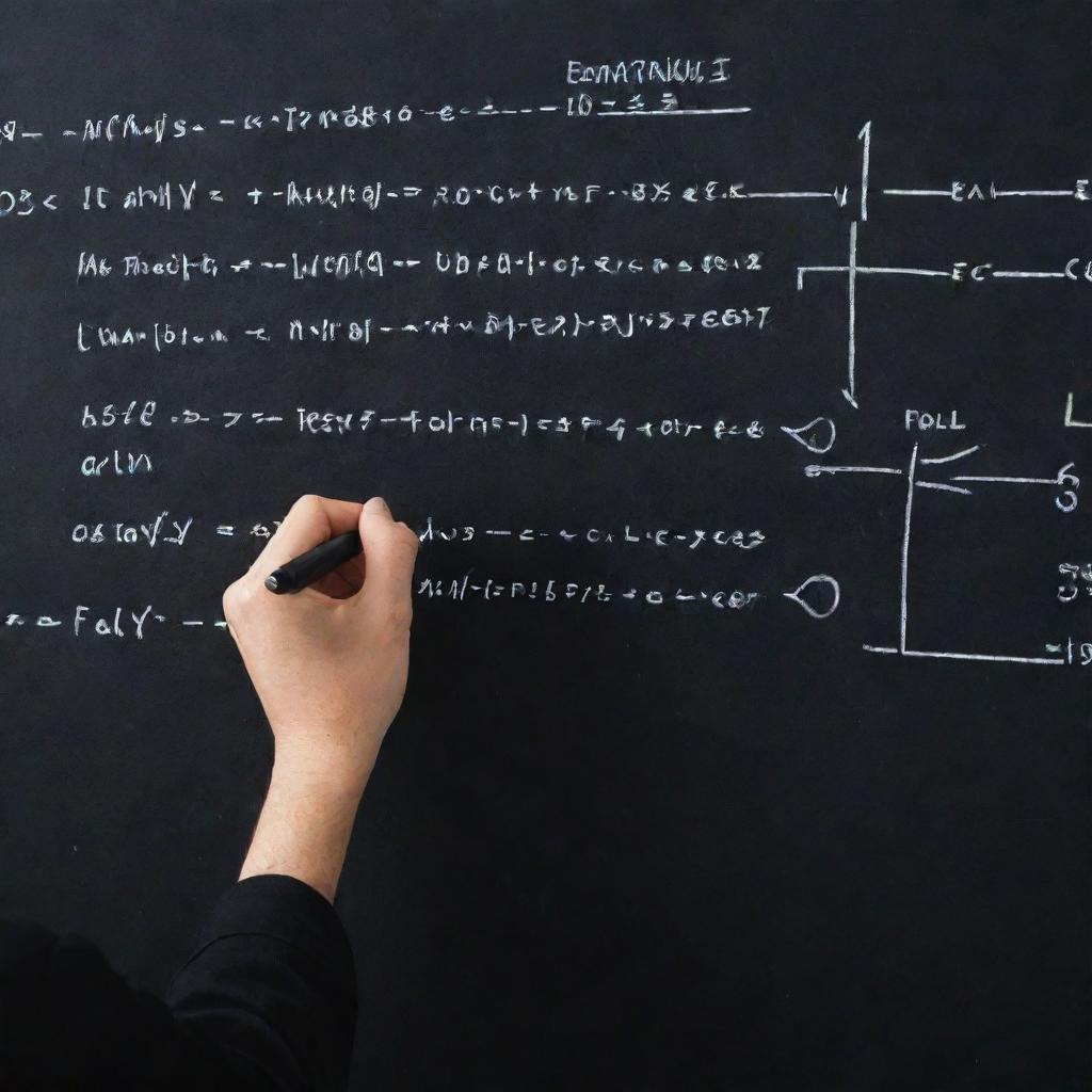 A person vigorously writing electronic formulas alongside complex circuit diagrams on a black chalkboard