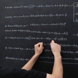 A person vigorously writing electronic formulas alongside complex circuit diagrams on a black chalkboard