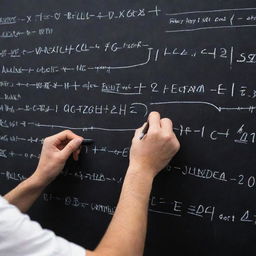 A person vigorously writing electronic formulas alongside complex circuit diagrams on a black chalkboard