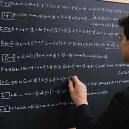 A person vigorously writing electronic formulas alongside complex circuit diagrams on a black chalkboard