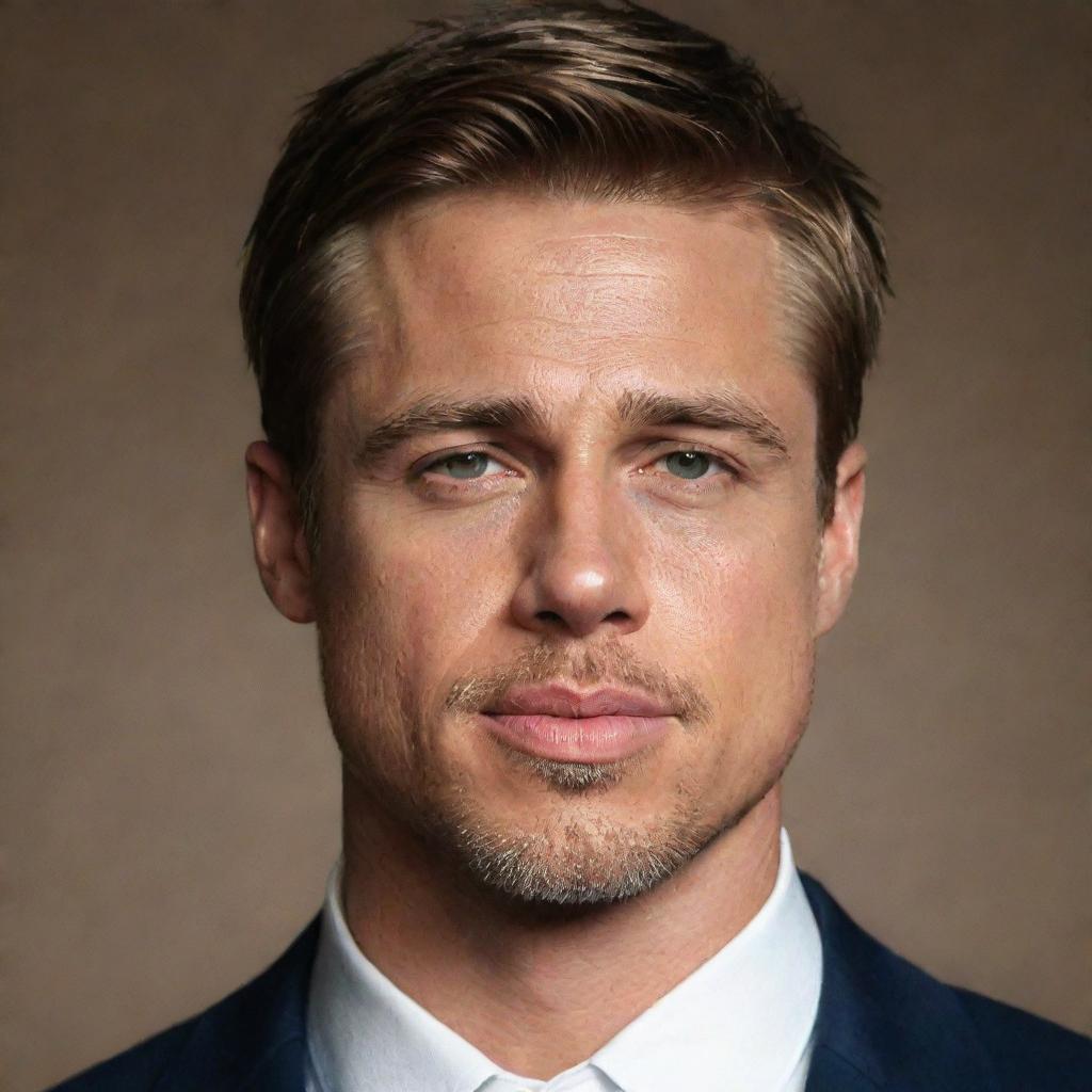 Create a portrait of a male figure blending the features of Brad Pitt and Ryan Gosling with an intriguing expression.