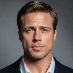 Create a portrait of a male figure blending the features of Brad Pitt and Ryan Gosling with an intriguing expression.