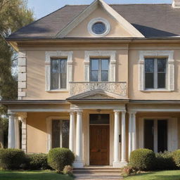 Front view of a classic house, adorned with beautiful architectural details. Sunlight is softly illuminating, highlighting the textures and colors