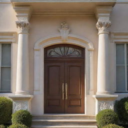 Front view of a classic house, adorned with beautiful architectural details. Sunlight is softly illuminating, highlighting the textures and colors