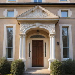 Front view of a classic house, adorned with beautiful architectural details. Sunlight is softly illuminating, highlighting the textures and colors