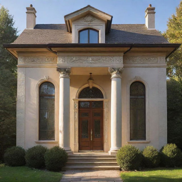 Front view of a classic house, adorned with beautiful architectural details. Sunlight is softly illuminating, highlighting the textures and colors