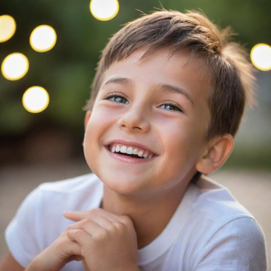 A young boy experiencing the first rush of love, with sparkling eyes and a bright, joyous smile, surrounded by a soft, romantic ambiance.