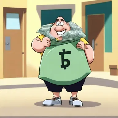 In the cartoon episode, the character was shown lugging a giant bag of money behind them.