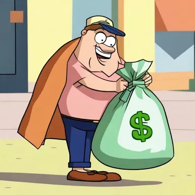In the cartoon episode, the character was shown lugging a giant bag of money behind them.