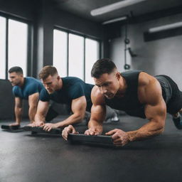 Several fit men in workout gear holding the plank position on a gym floor for 2 minutes, focusing on form and strength