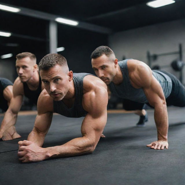 Several fit men in workout gear holding the plank position on a gym floor for 2 minutes, focusing on form and strength