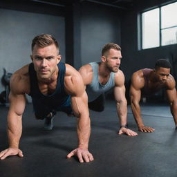 Several fit men in workout gear holding the plank position on a gym floor for 2 minutes, focusing on form and strength